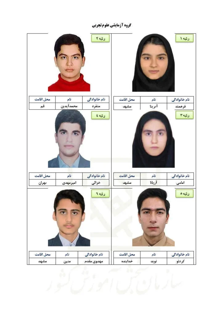 رتبه های برتر کنکور ۱۴۰۴ 1 نفرات برتر کنکور تجربی 1404 (1)