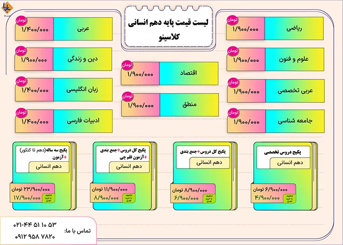 هزینه کلاس های دهم انسانی موسسه کلاسینو