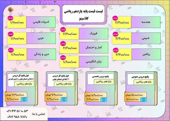 لیست قیمت یازدهم ریاضی کلاسینو