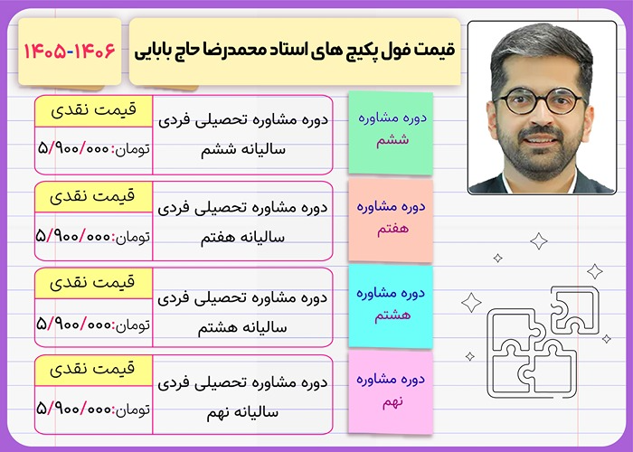 محمدرضا حاج بابایی کلاسینو 1 قیمت فول پکیج کلاس های محمدرضا حاج بابایی ۱۴۰۶